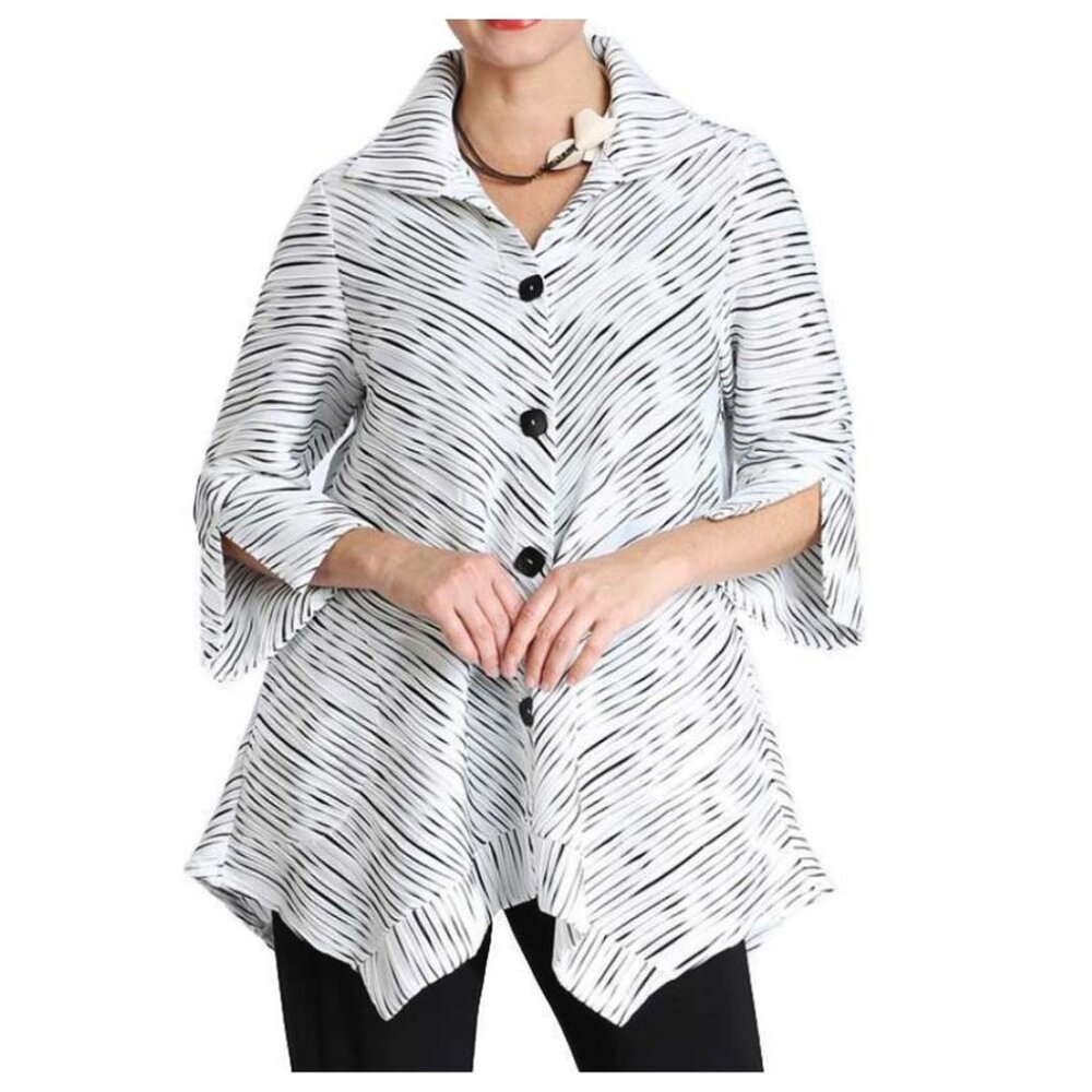 I.C. by CONNIE K Lightweight Knit Button Up Jacket White/Black Stripe Women XXL